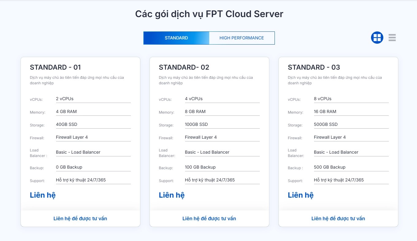 Thông tin bảng giá và các gói dịch vụ cho thuê máy chủ đám mây: STANDARD và HIGH PERFORMANCE của FPT Cloud
