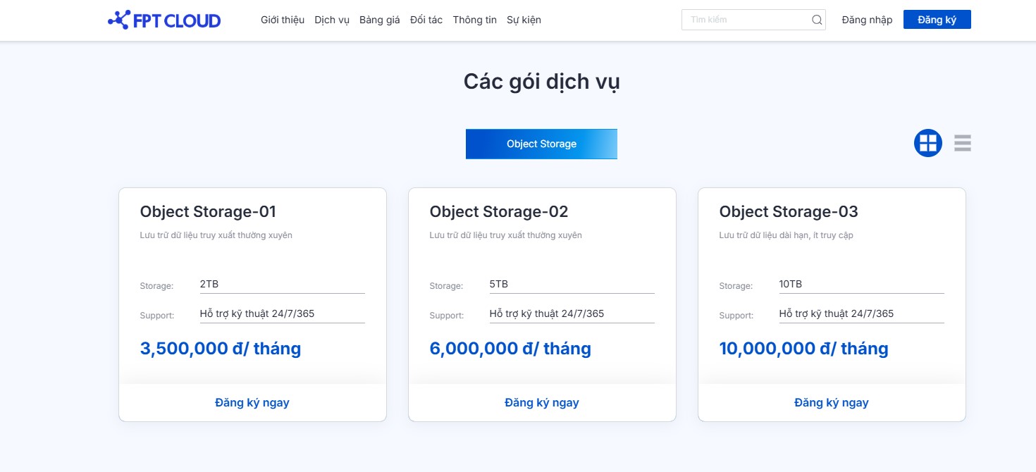 3 gói dịch vụ Object Storage: Object Storage-01, Object Storage-02 và Object Storage-03
