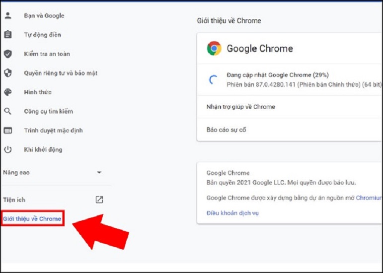 Chọn giới thiệu về Chrome