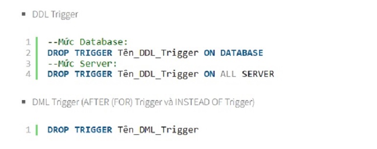 Cú pháp được dùng để xóa trigger trong sql
