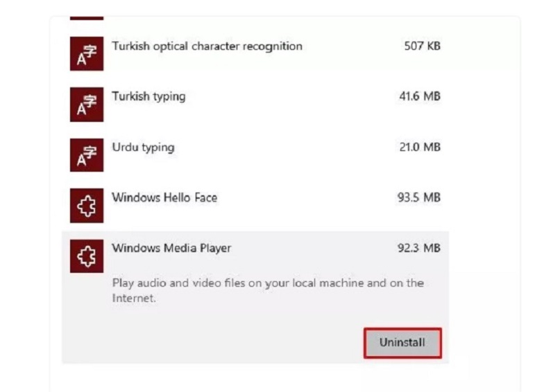 Tìm Windows Media Player và chọn Uninstall