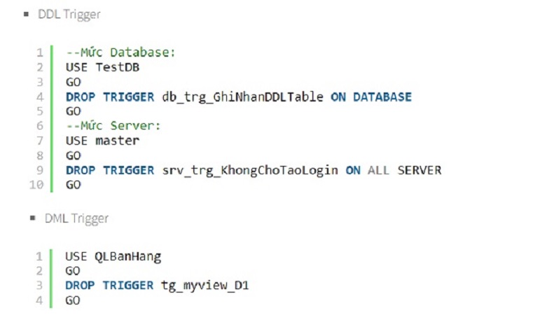 Ví dụ về lệnh xóa Trigger trong SQL
