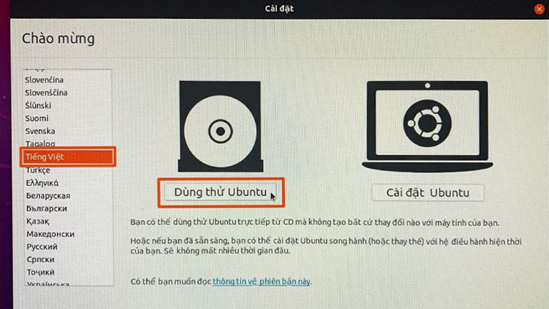 Chọn Try Ubuntu Without installing để dùng thử