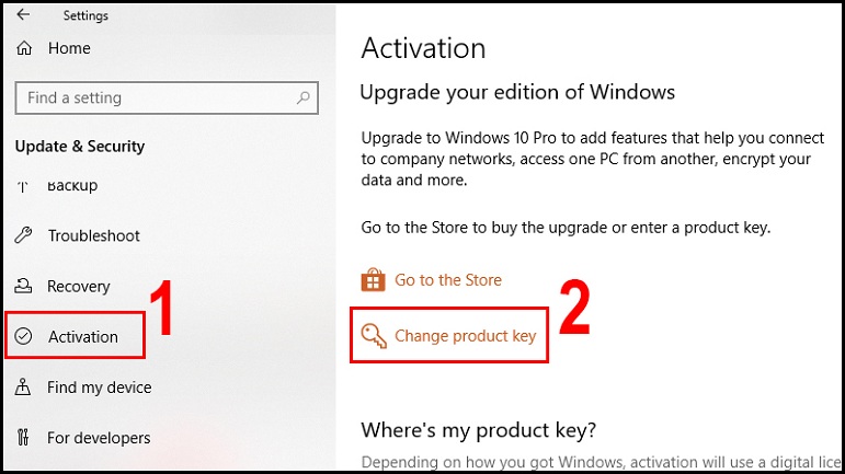 Chọn Activation và click vào Change Product key