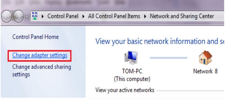 Chọn "Change adapter settings" trong Network and Sharing
