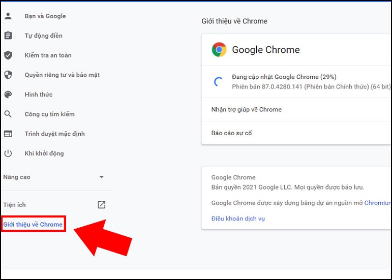 Nhận vào mục giới thiệu về Chrome