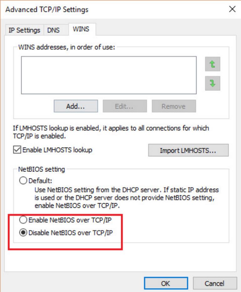 Tick chọn Disable NetBIOS over TCP/IP và bấm OK