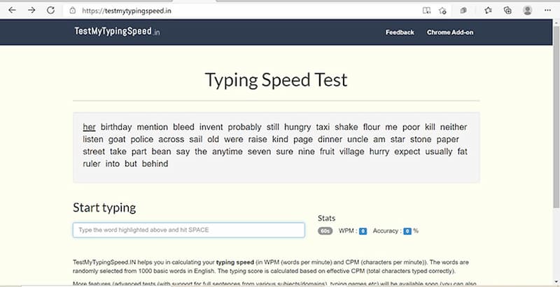 Kiểm tra tốc độ đánh máy trên TestMyTypingSpeed.in