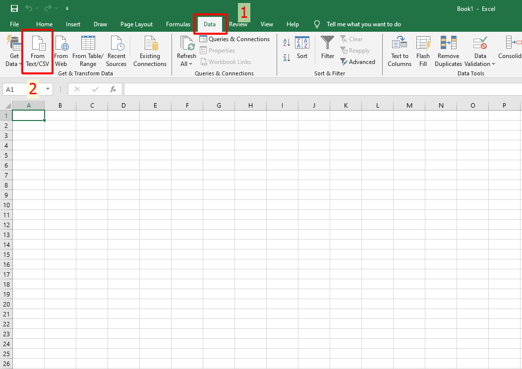 Khởi động Microsoft Excel, chọn mục Data và chọn From Text
