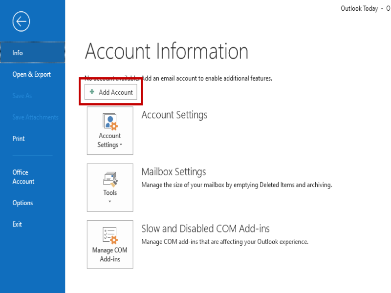 Chọn mục “Add Account” để bắt đầu thêm địa chỉ Email của riêng bạn