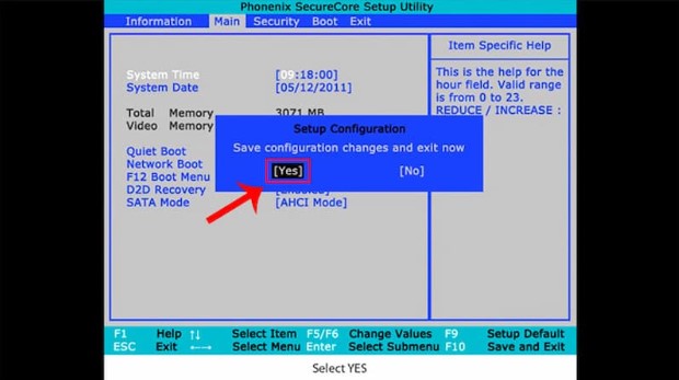 Nhấn phím F10 để lưu và thoát sau đó chọn “Yes”