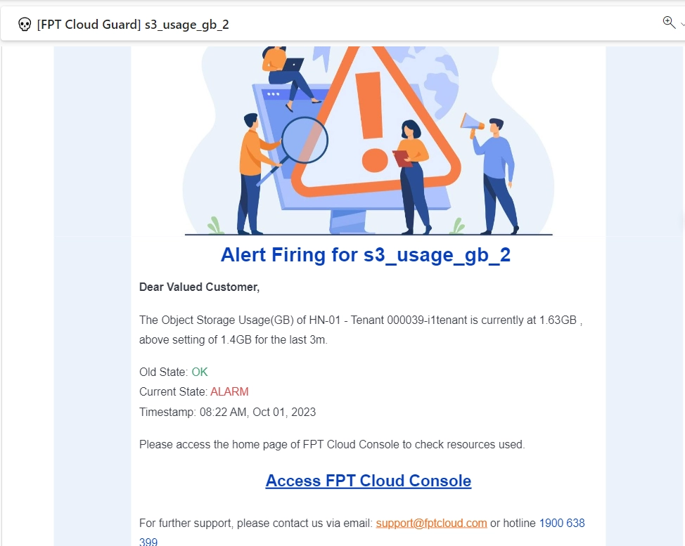 Thông báo qua email về Object Storage Usage và Object Storage Usage