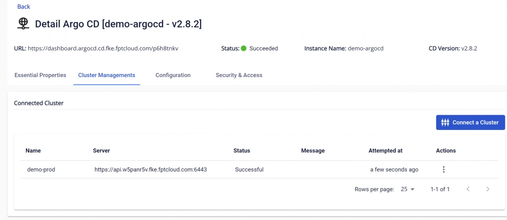 Xem danh sách Cluster được add tới ArgoCD về Name, API URL, Stauts, Time Connect và Actions