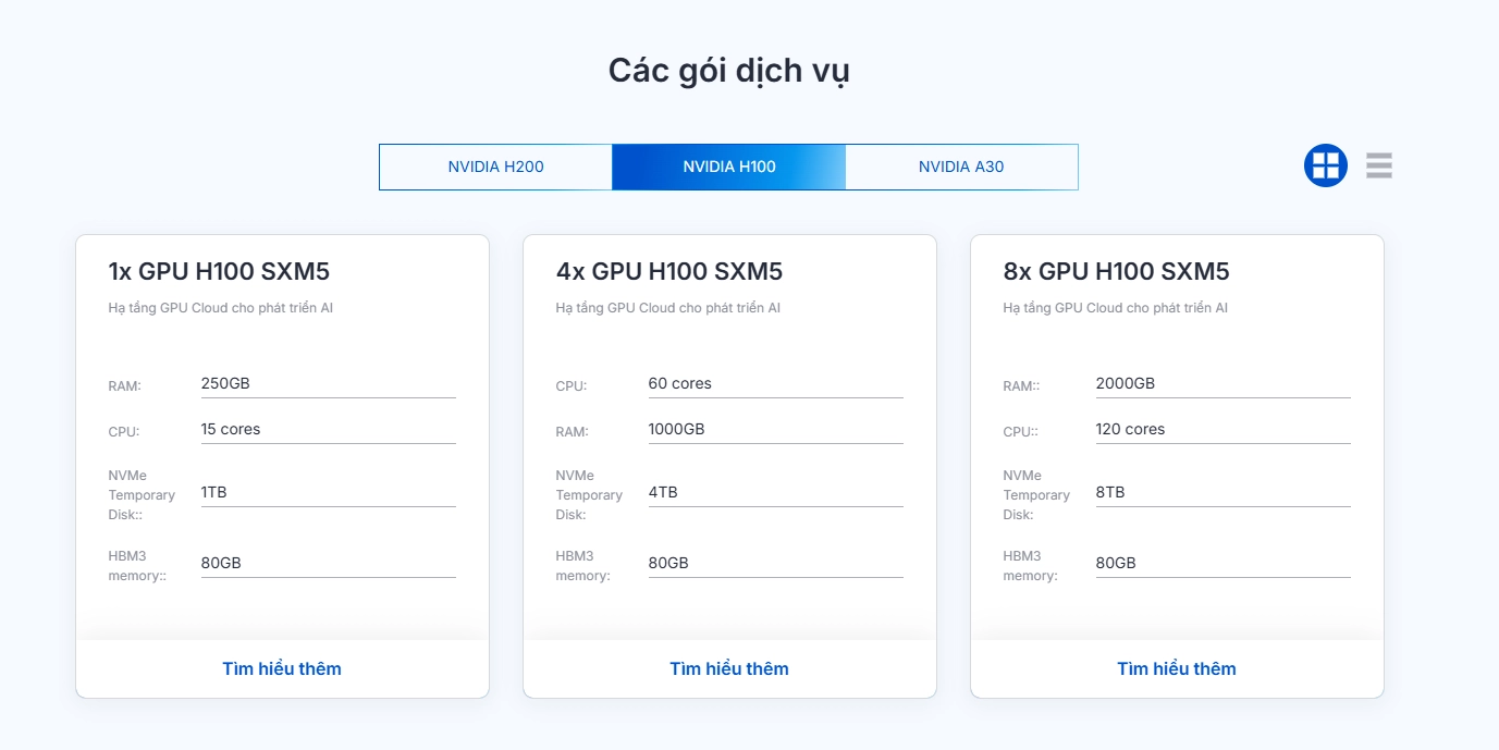 Thuê GPU Cloud NVIDIA H100 để phát triển AI: 1x GPU H100 SXM5, 4x GPU H100 SXM5 và 8x GPU H100 SXM5