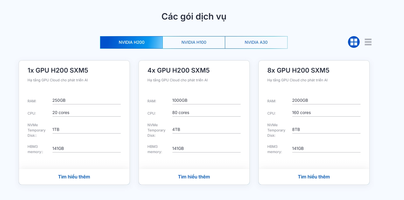 Thuê hạ tầng GPU Cloud NVIDIA H200 để phát triển AI: 1x GPU H200 SXM5, 4x GPU H200 SXM5 và 8x GPU H200 SXM5