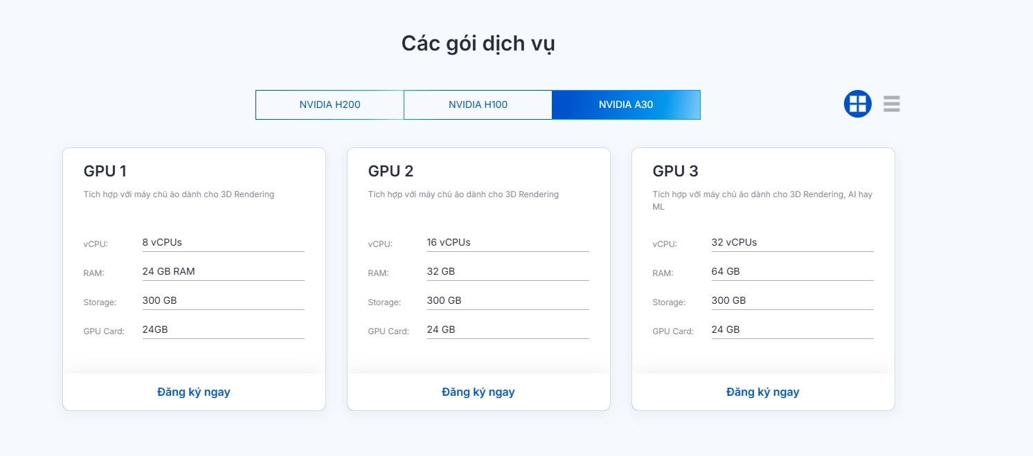 Thuê GPU Cloud NVIDIA A30 (gói GPU 1, GPU 2 và GPU 3) tích hợp với máy chủ ảo dành riêng cho 3D Rendering