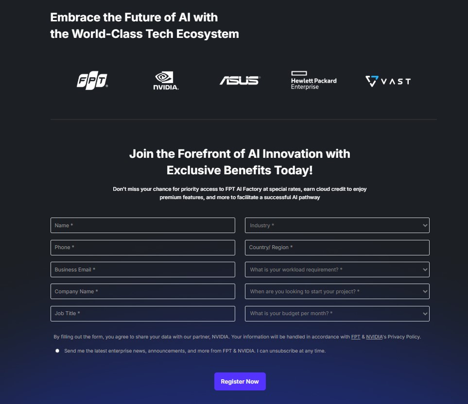 Registration Form for Expert AI & Cloud Consultation on FPT AI Factory's Triple Solution Suite for Enterprises