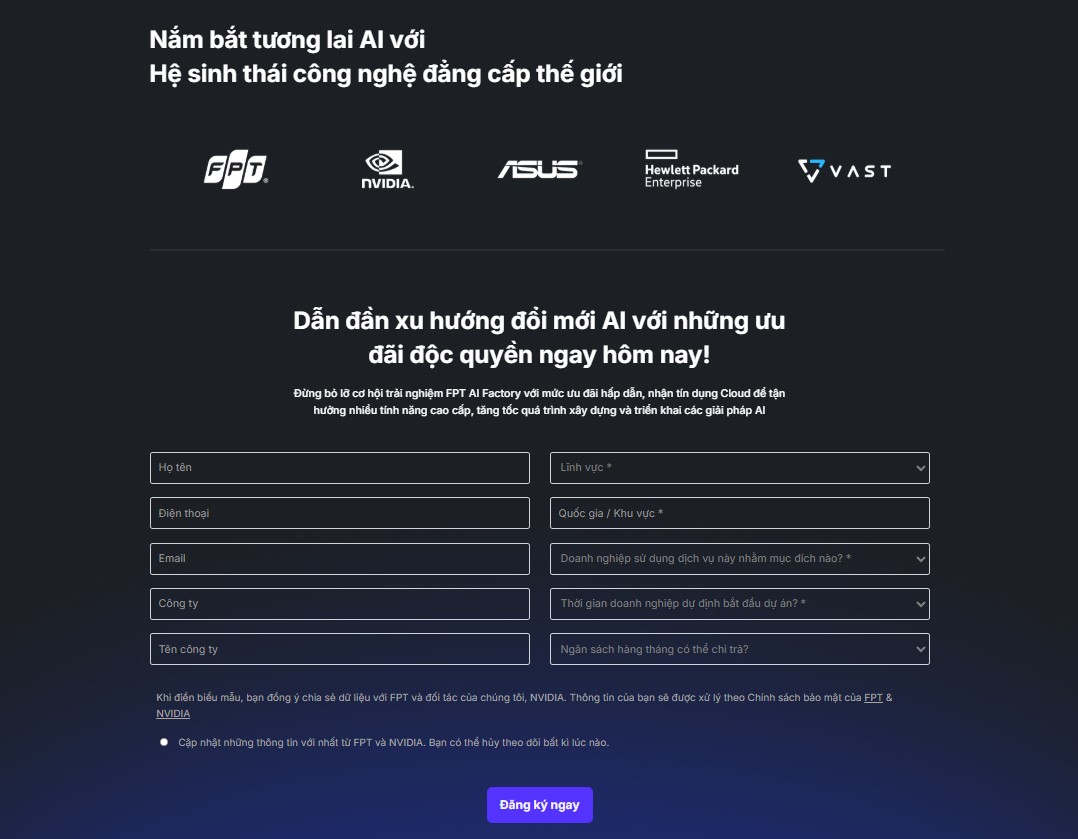 Form đăng ký nhận tư vấn chuyên sâu của chuyên gia AI & Cloud về bộ ba giải pháp FPT AI Factory dành cho doanh nghiệp