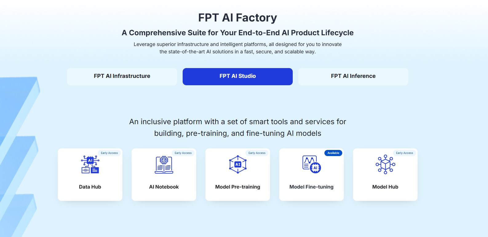The FPT AI Studio product helps businesses process data, develop, train, evaluate, and deploy artificial intelligence and machine learning models based on their specific needs
