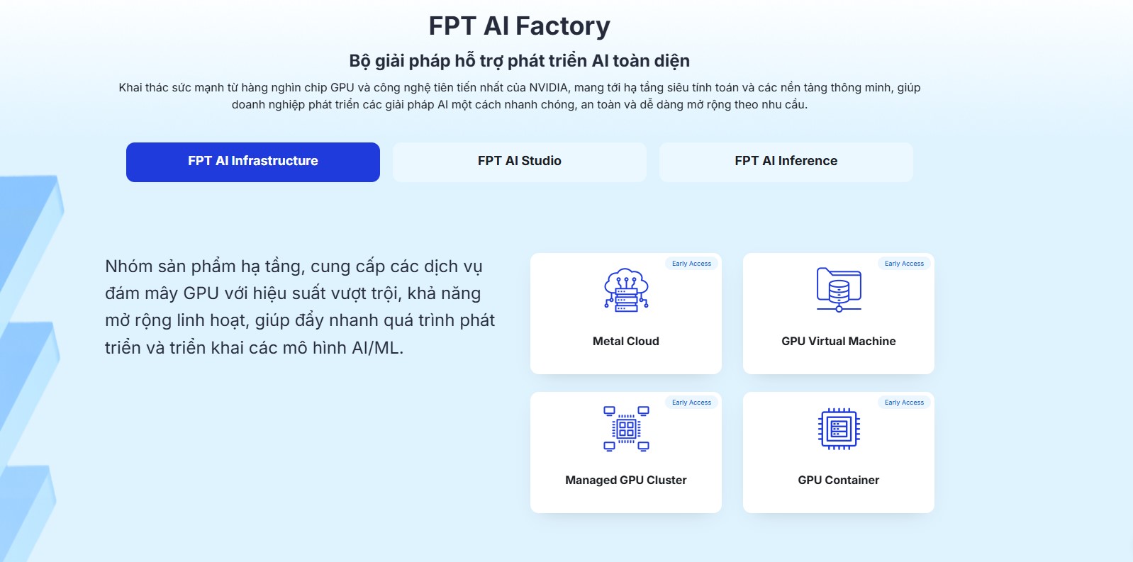 Giải pháp FPT AI Infrastructure giúp doanh nghiệp triển khai hệ thống hạ tầng siêu tính toán, phát triển các giải pháp AI và dễ dàng mở rộng theo nhu cầu