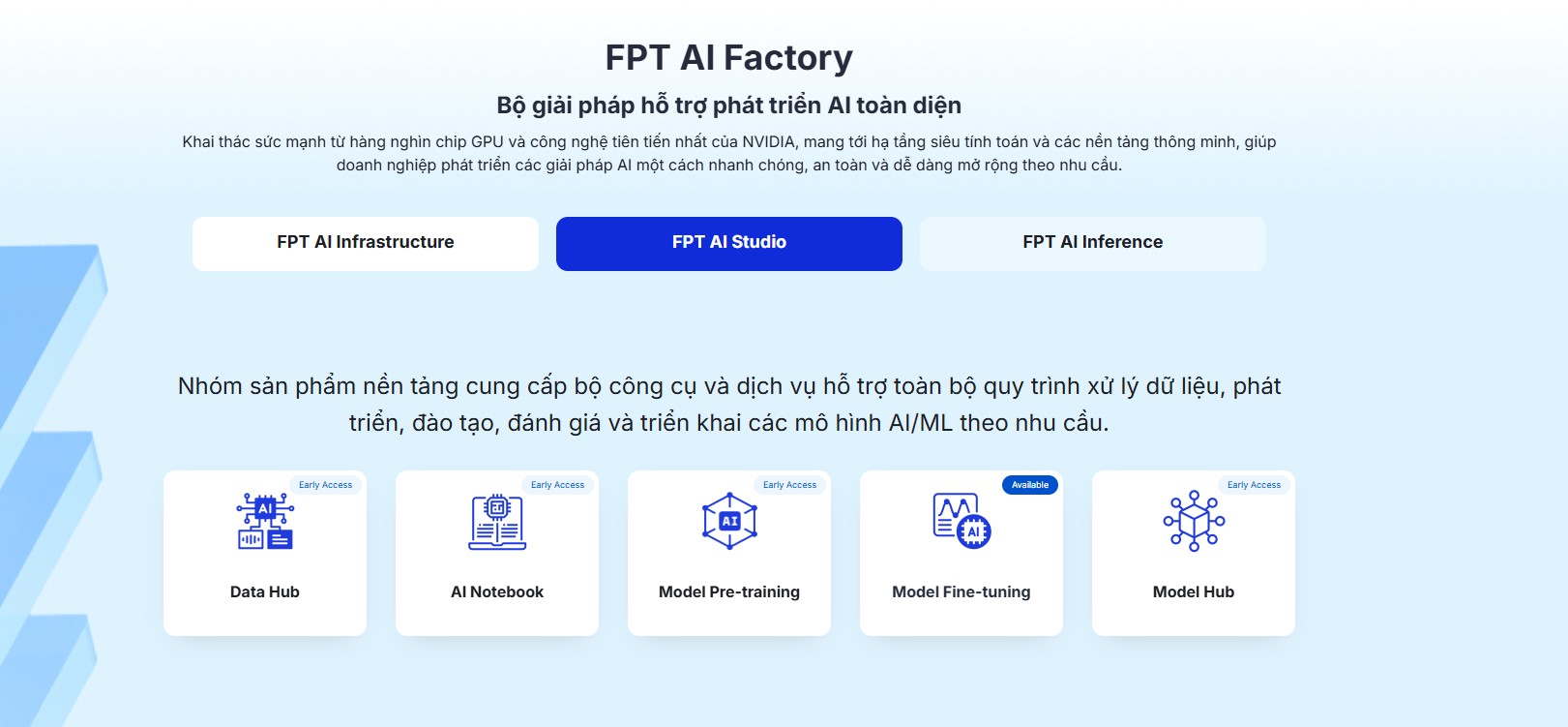 Sản phẩm FPT AI Studio giúp doanh nghiệp xử lý dữ liệu, phát triển, đào tạo, đánh giá và triển khai các mô hình trí tuệ nhân tạo và học máy theo nhu cầu