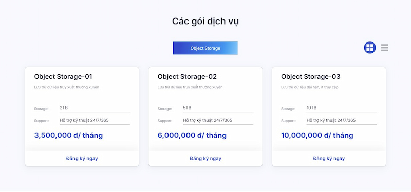 Các gói dịch vụ Object Storage (Lưu trữ hướng đối tượng) của FPT Cloud: Object Storage-01, Object Storage-02 và Object Storage-03