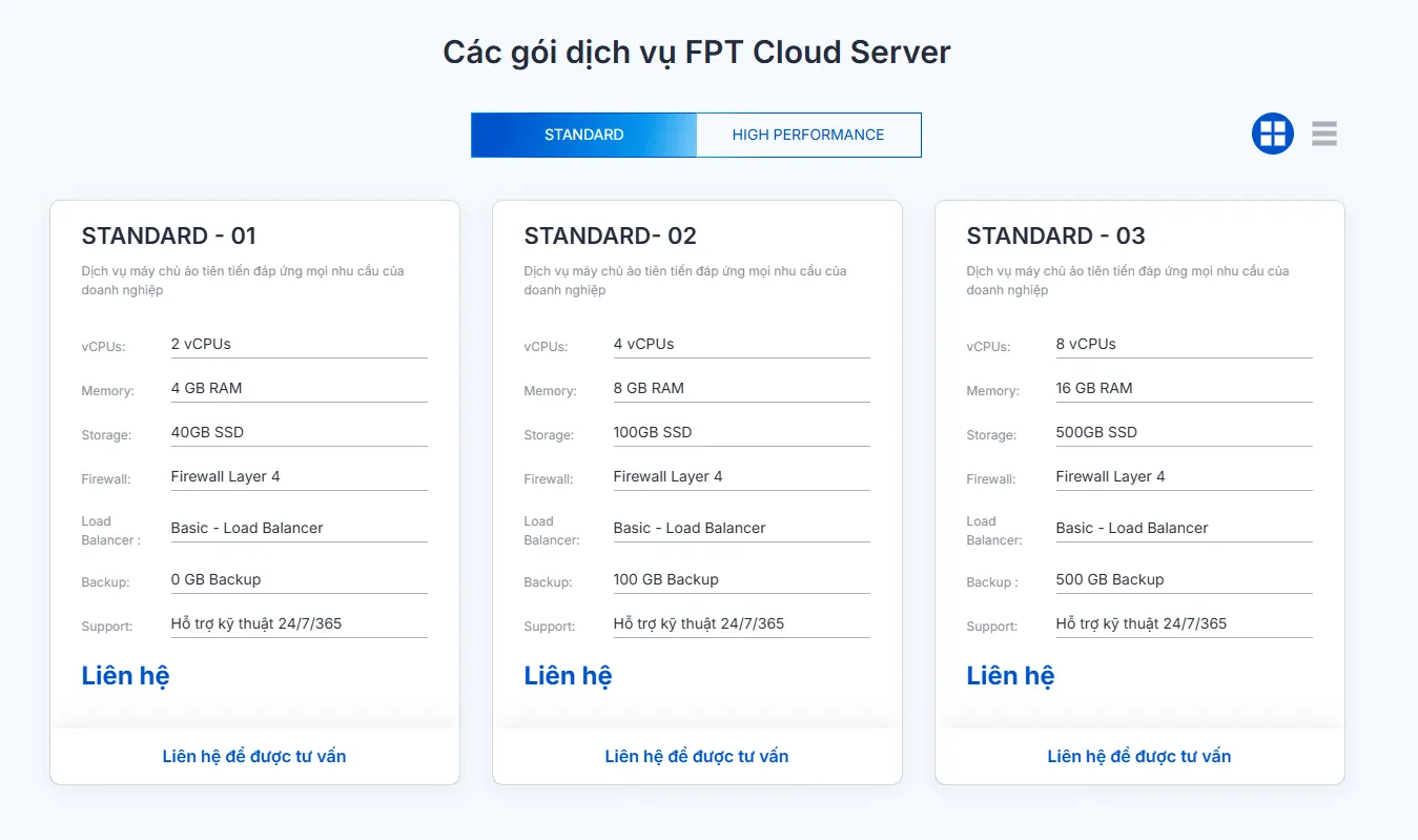 Các gói dịch vụ STANDARD cho thuê cloud server giá tốt tại Hà Nội dành cho doanh nghiệp của FPT Cloud