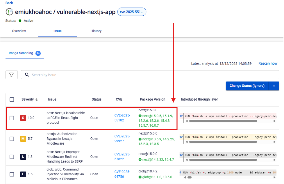 Phát hiện & xử lý nhanh chóng lỗ hổng CVE-2025-55182 với tính năng Image Scanning của FPT AppSec 3 mm